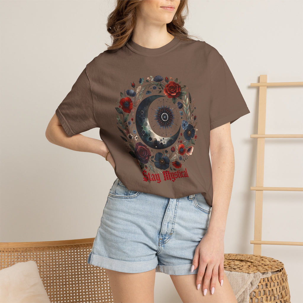 Mystical Moon T-Shirt — “Stay Mystical” Floral Crescent Tee - Dark Aesthetic T-Shirt - Midnight Eye, LLC