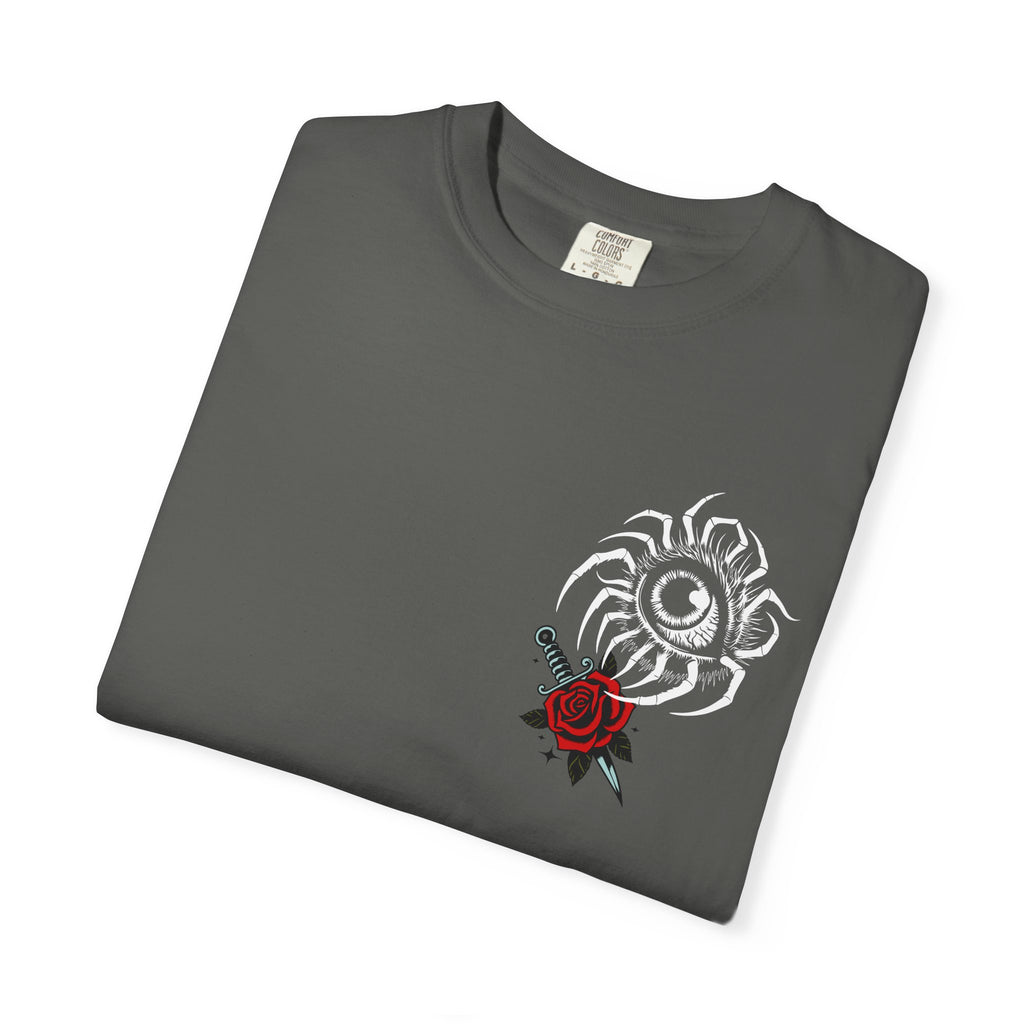 Skull & Red Rose Graphic T-Shirt — Midnight Rose Back Print - Eye T-Shirt - Mystical Tee - Dark Aesthetic Tee - Midnight Eye, LLC