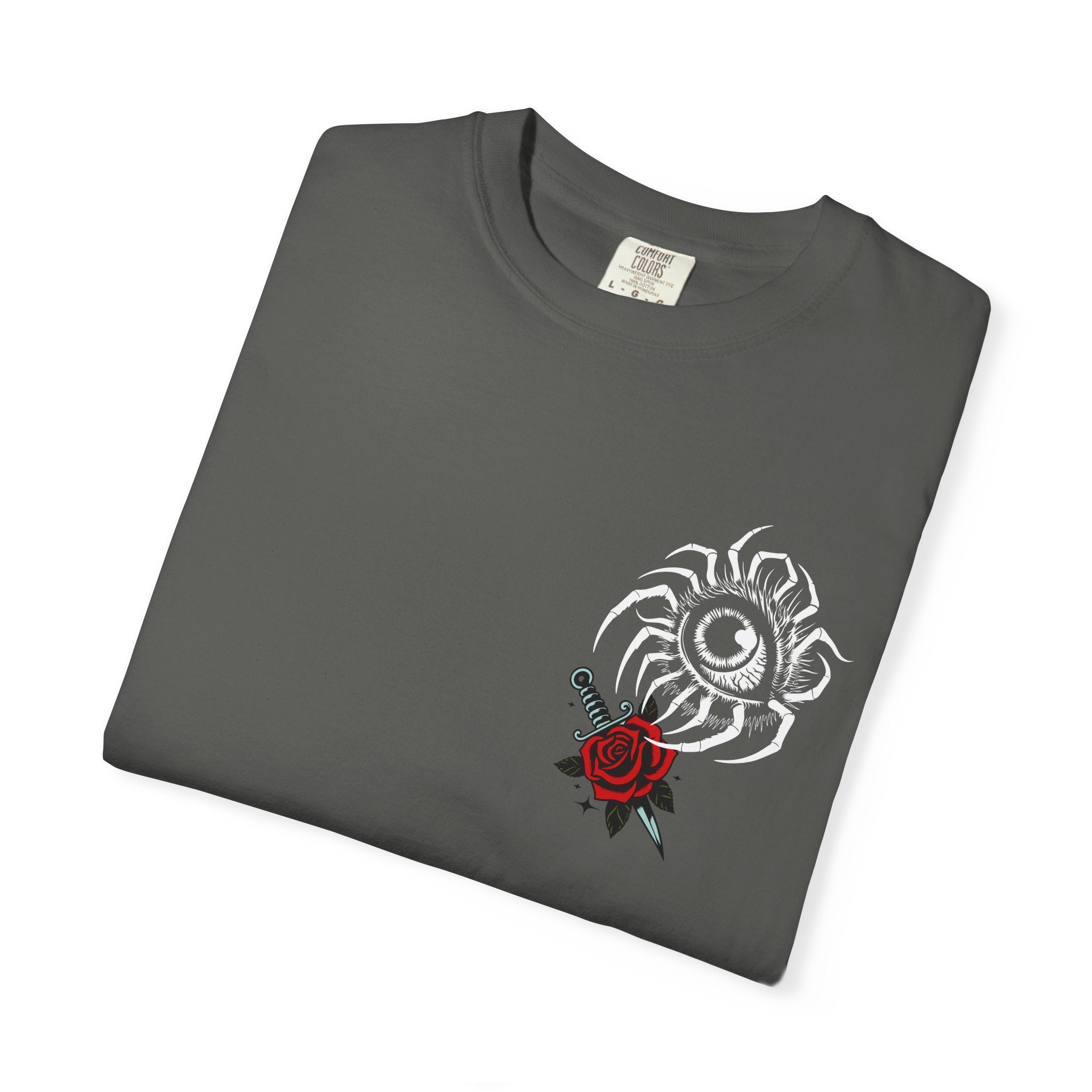 Skull & Red Rose Graphic T-Shirt — Midnight Rose Back Print - Eye T-Shirt - Mystical Tee - Dark Aesthetic Tee - Midnight Eye, LLC