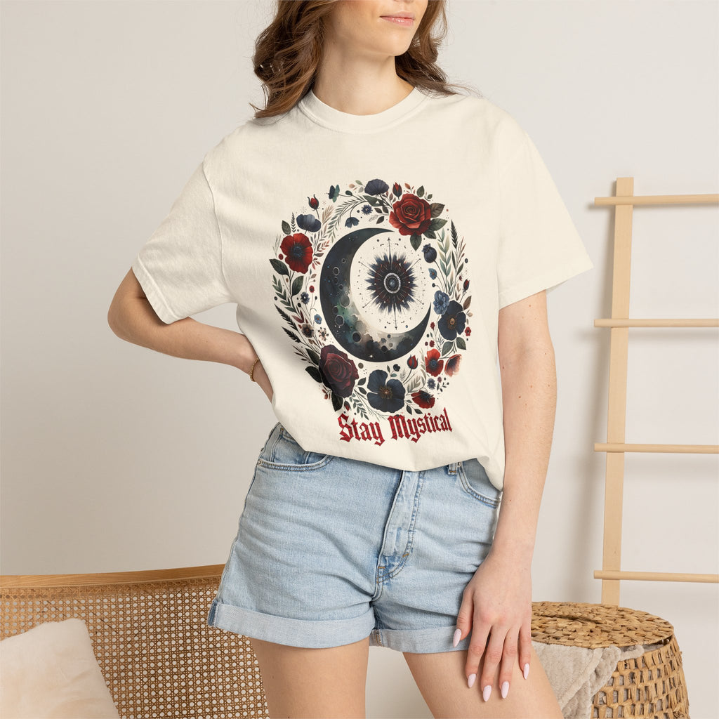 Mystical Moon T-Shirt — “Stay Mystical” Floral Crescent Tee - Dark Aesthetic T-Shirt. Midnight Eye, LLC.