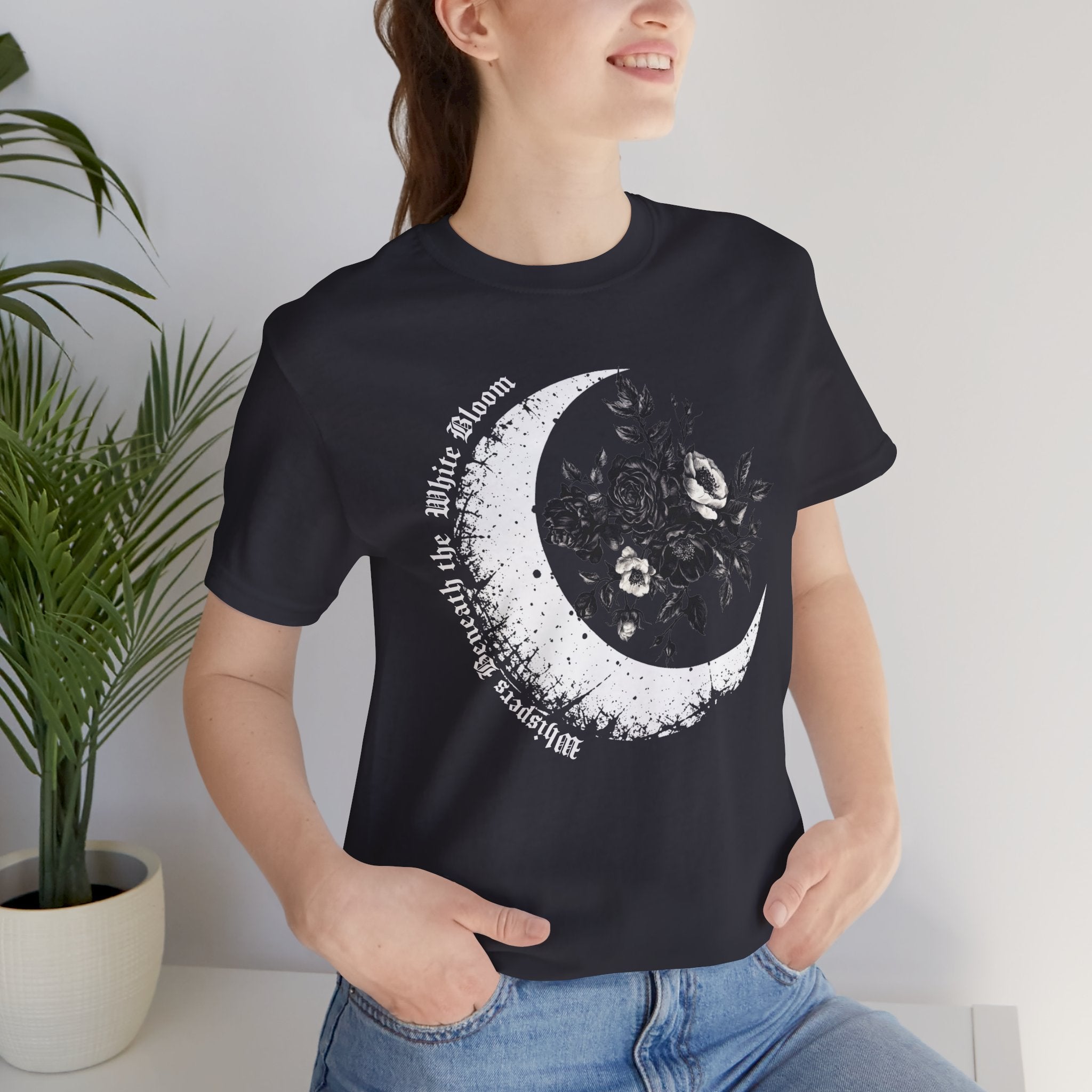 Moonflower Moon Tee — Floral Crescent Moon Graphic T-Shirt - Gothic Moon & Flowers Tee