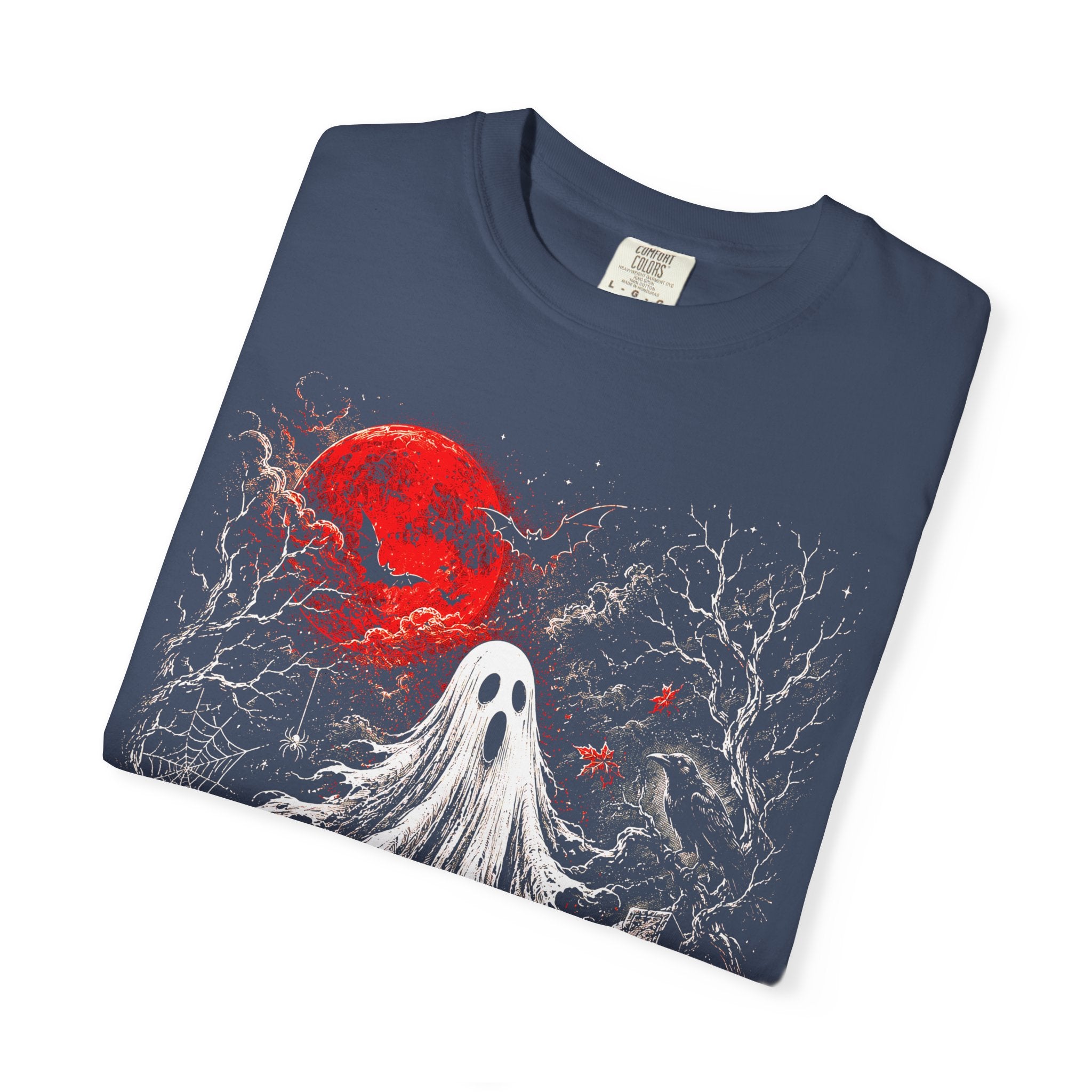 Halloween Ghost T-Shirt — Spooky Graveyard Design with Red Moon. Midnight Eye, LLC.