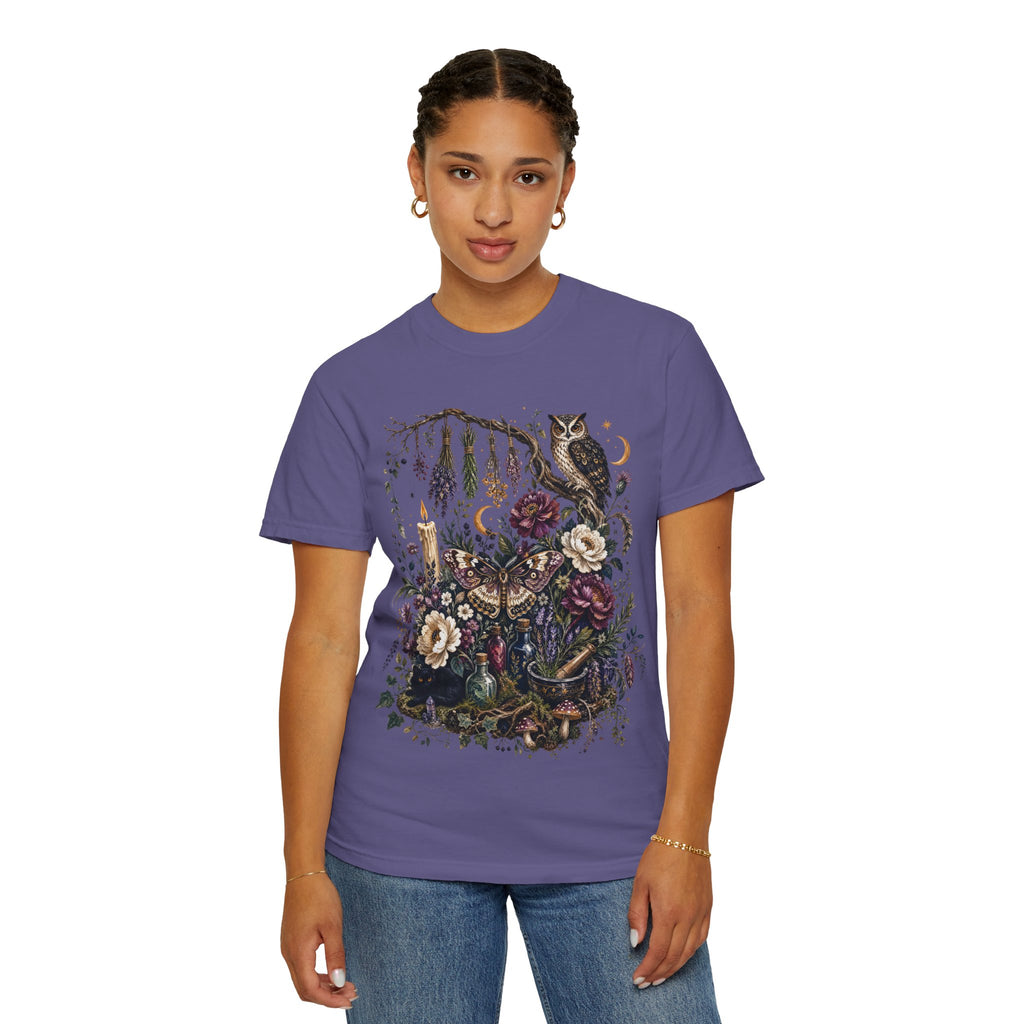 Mystical Forest Owl T-Shirt — Botanical Witchy Moonlight Art Tee, Midnight Eye, LLC