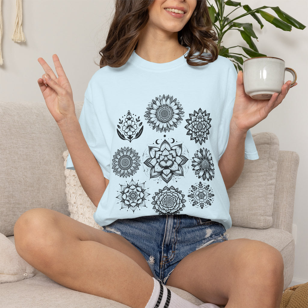 Boho Flower Collage T-Shirt - Floral Graphic Tee. Midnight Eye, LLC