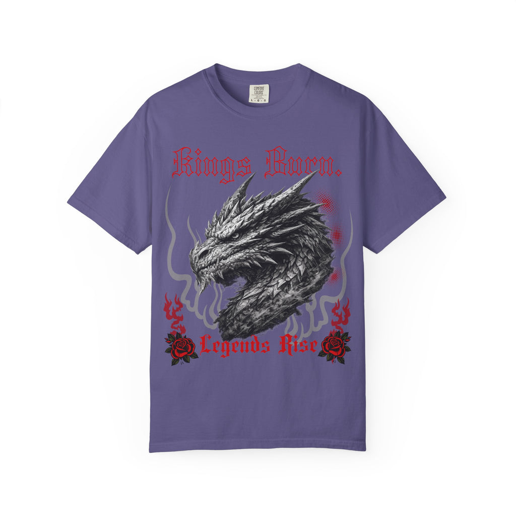 Dragon Head T-Shirt — "Kings Burn. Legends Rise." Red Rose Tattoo Graphic T-Shirt. Midnight Eye, LLC.