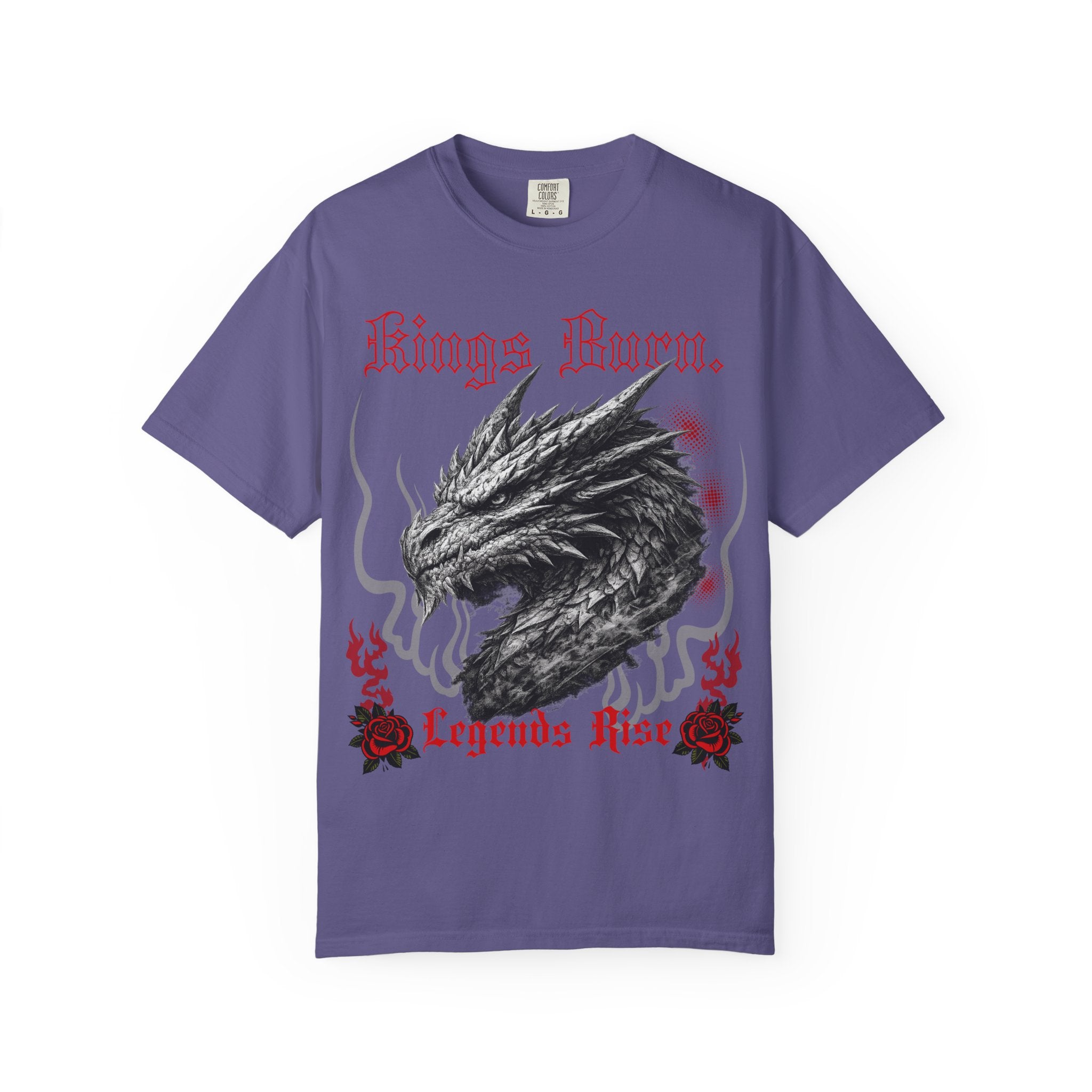 Dragon Head T-Shirt — "Kings Burn. Legends Rise." Red Rose Tattoo Graphic T-Shirt. Midnight Eye, LLC.