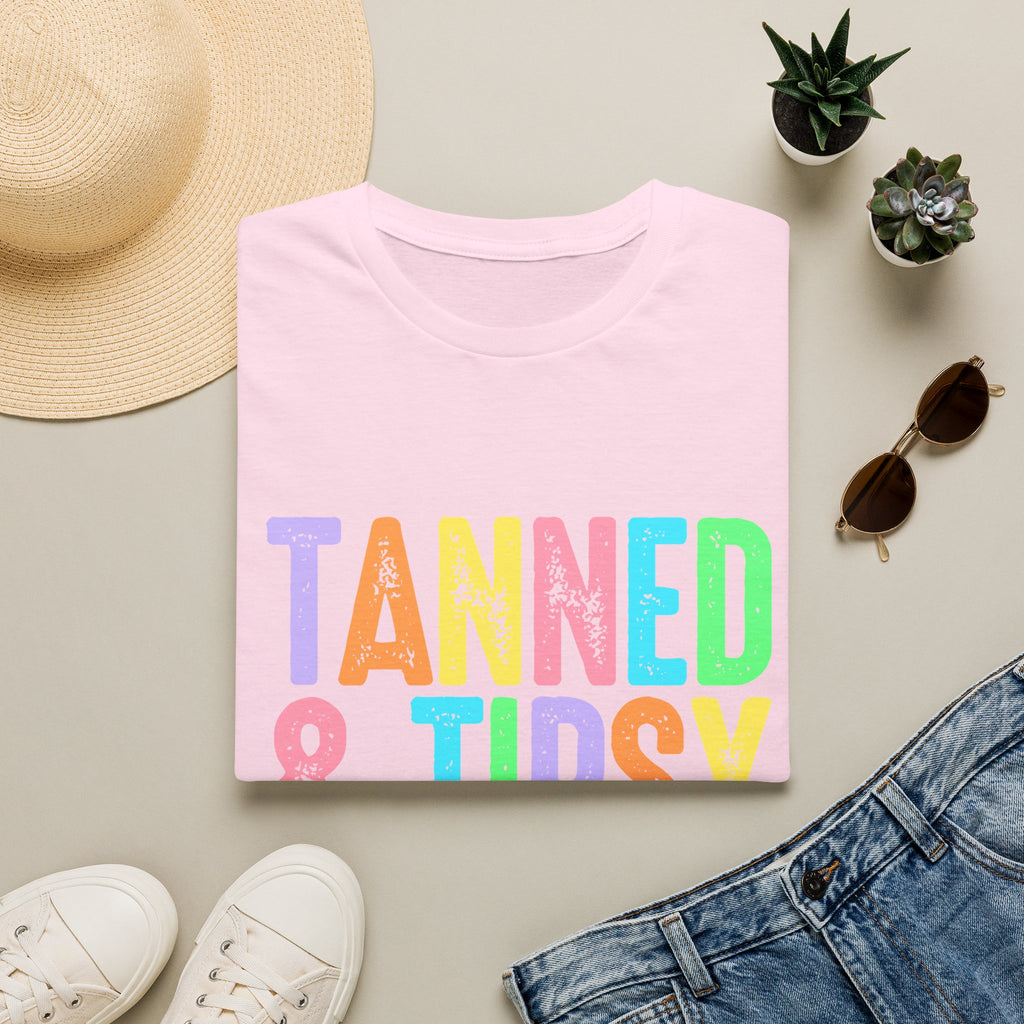 Tanned & Tipsy Beach Vacation T-Shirt - Colorful Vacation T-Shirt - Funny Summer Tee. Midnight Eye, LLC.