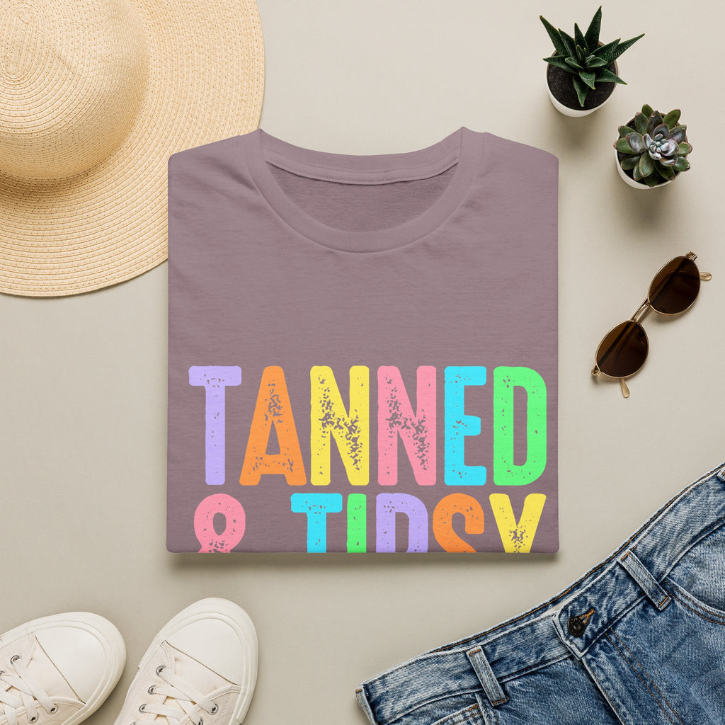 Tanned & Tipsy Beach Vacation T-Shirt - Colorful Vacation T-Shirt - Funny Summer Tee. Midnight Eye, LLC.