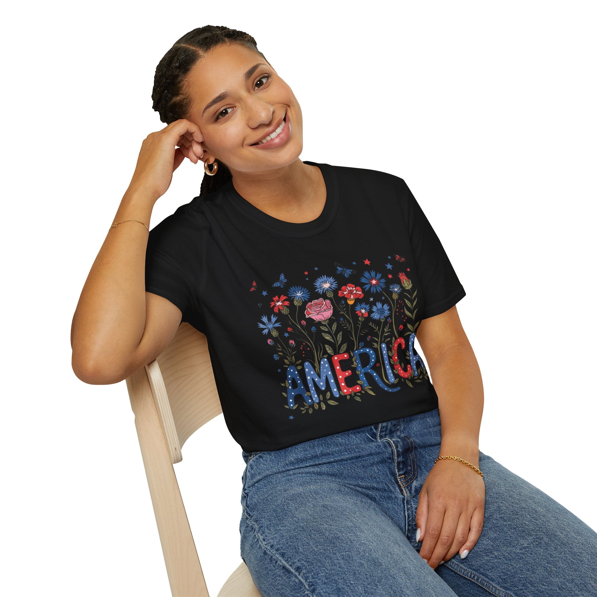 America Floral T‑Shirt — Patriotic Red, White & Blue Garden Graphic Tee - 4th of July T-Shirt - Midnight Eye, LLC