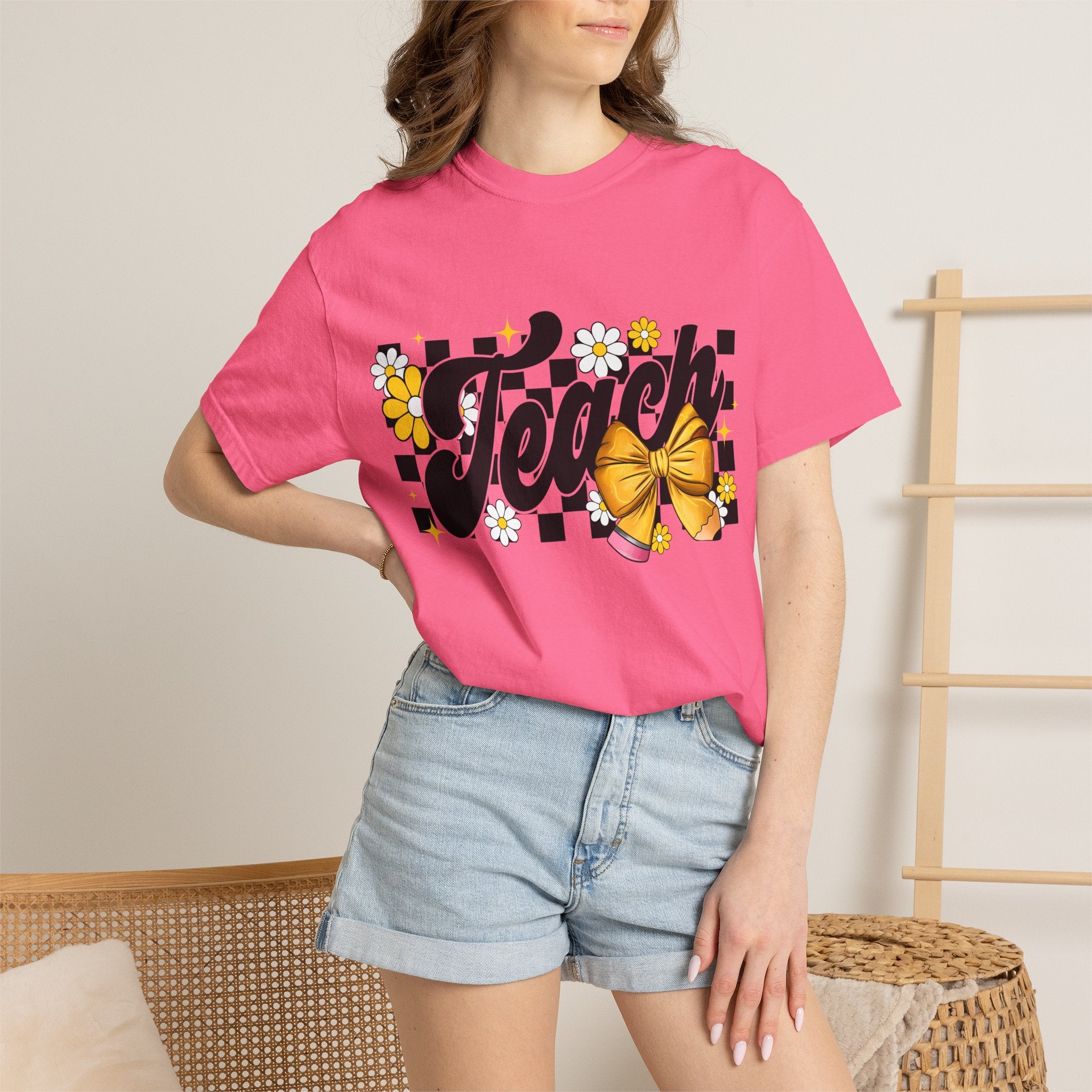 Teacher Floral Bow T-Shirt — 'Teach' Checkerboard Design