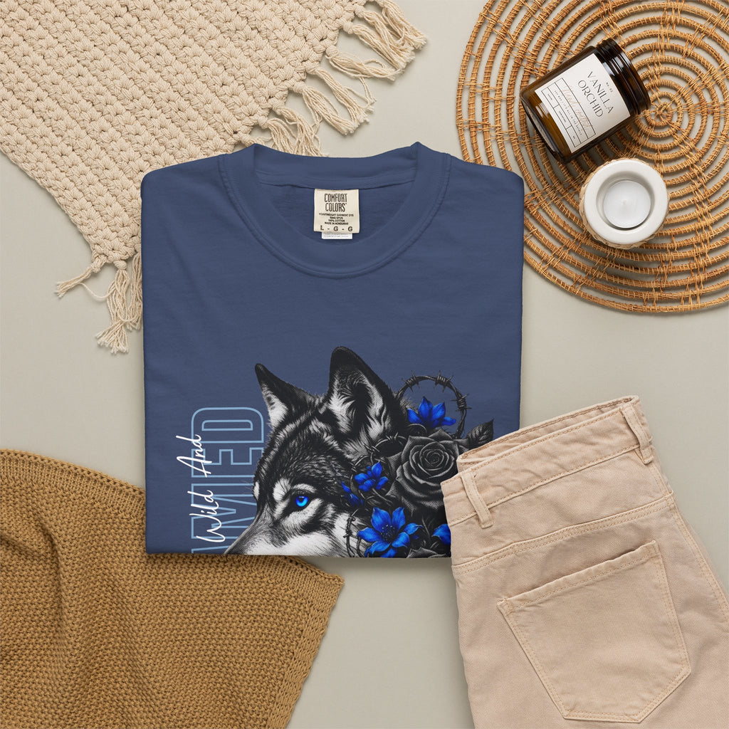 Wolf Floral T-Shirt — "Untamed" Graphic Tee with Blue & Black Roses. Midnight Eye, LLC.