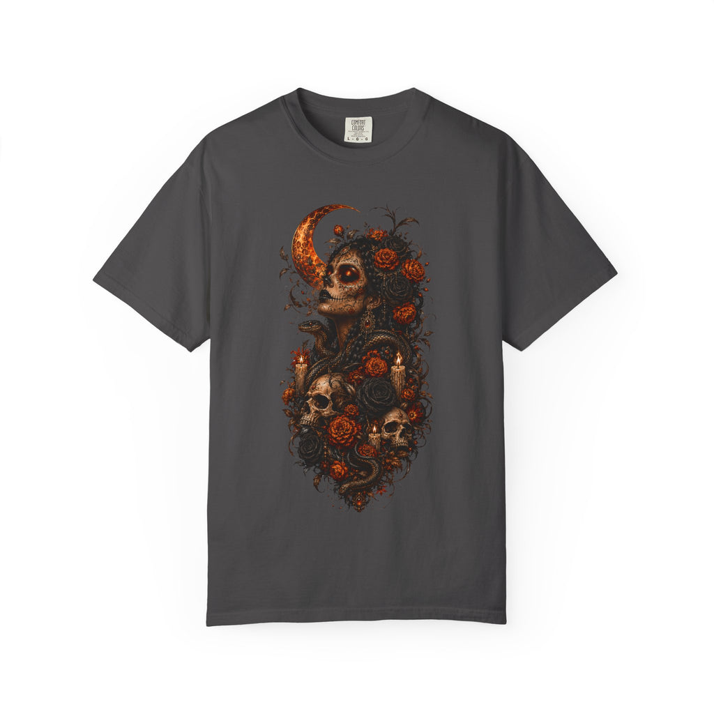 Skull & Rose Moon Tee — Gothic Floral Graphic T-Shirt - Day of the Dead Tee. Midnight Eye, LLC