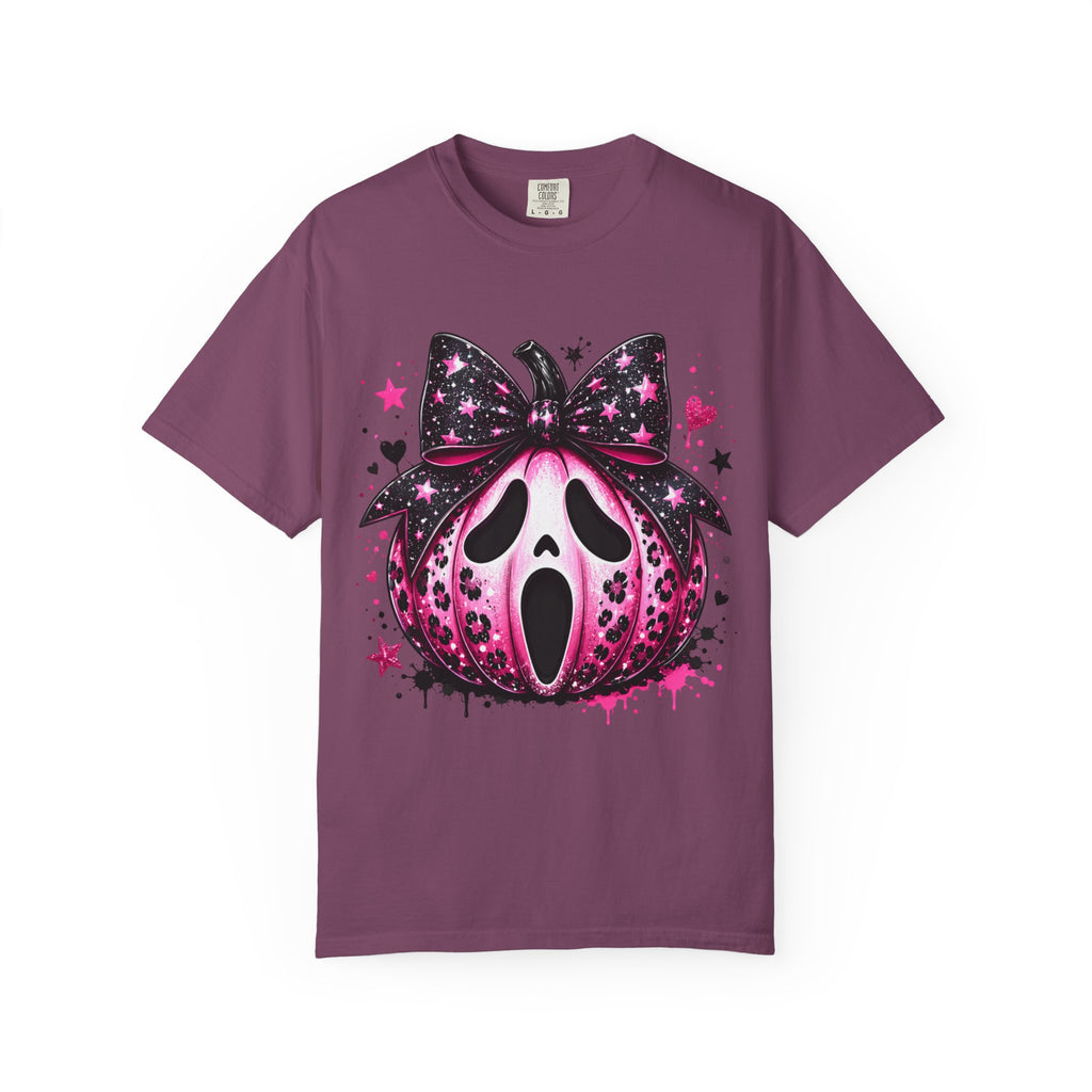 Ghost Face Pumpkin T‑Shirt — Cute Pink Halloween Tee. Midnight Eye, LLC
