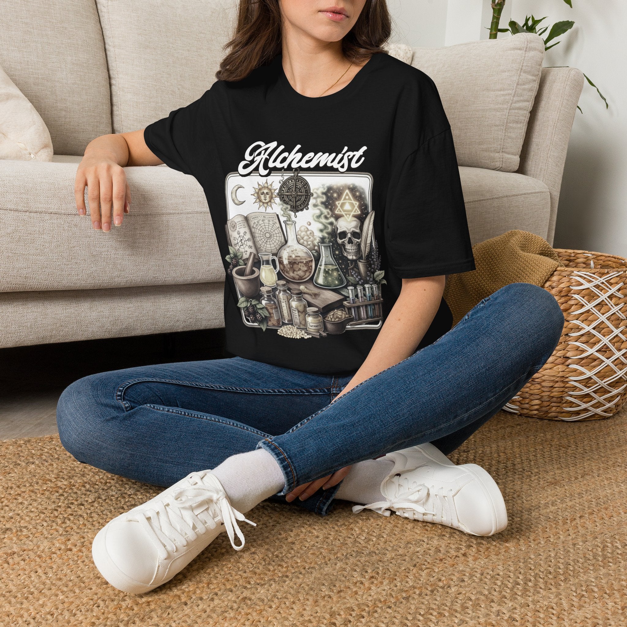 Alchemist Graphic T-Shirt — Vintage Apothecary Potion & Skull Design - Mystical Tee. Midnight Eye, LLC