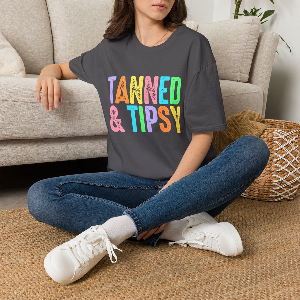 Tanned & Tipsy Beach Vacation T-Shirt - Colorful Vacation T-Shirt - Funny Summer Tee. Midnight Eye, LLC.