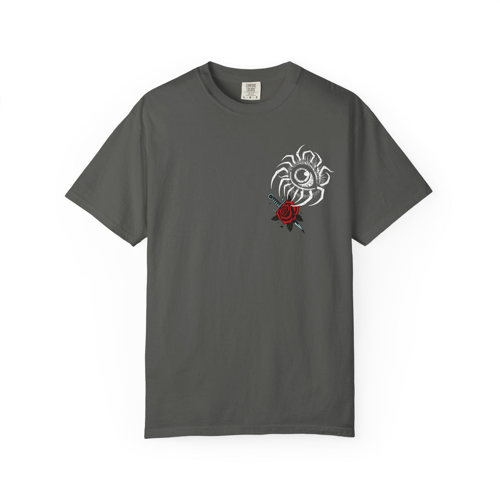 Skull & Red Rose Graphic T-Shirt — Midnight Rose Back Print - Eye T-Shirt - Mystical Tee - Dark Aesthetic Tee - Midnight Eye, LLC