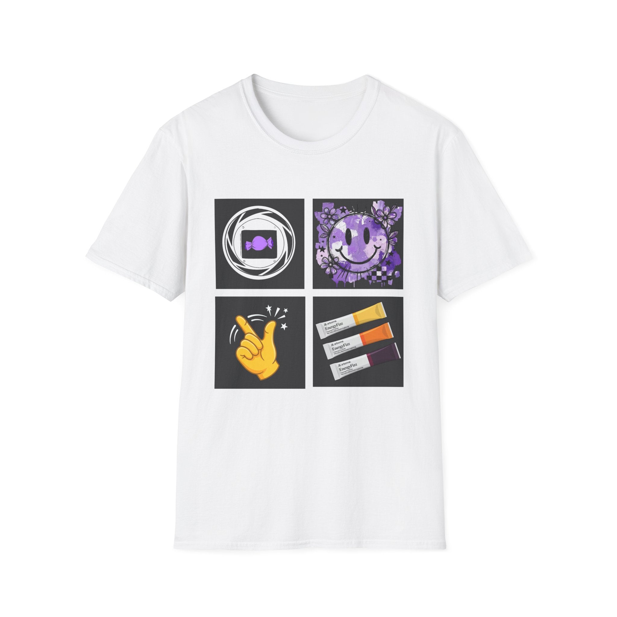 Women's Tee — Retro Purple Icons: Smiley, Peace Sign & Cassette Graphic - Midnight Eye, LLC