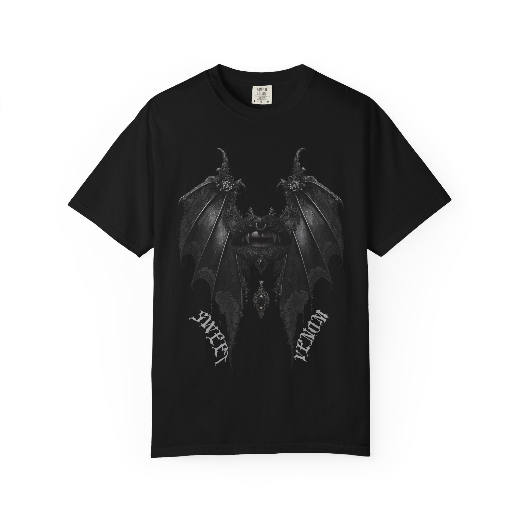 Gothic Bat Wings and Black Vampire Lips Graphic T-shirt - Gothic Black Lips Tee. Midnight Eye, LLC