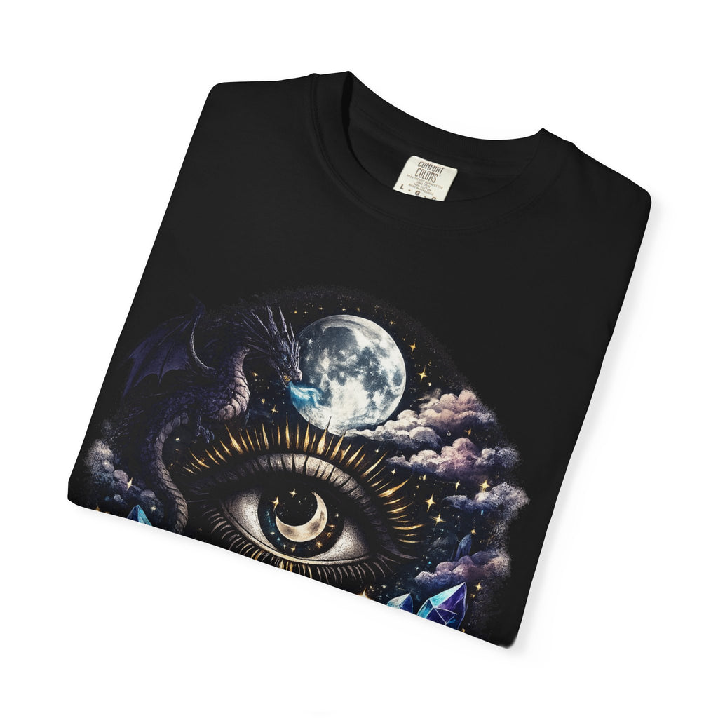 Mystic Third Eye T-shirt — Celestial Moon, Crystals & Dragon Eye Graphic Tee - Dark Aesthetic Tee. Midnight Eye, LLC