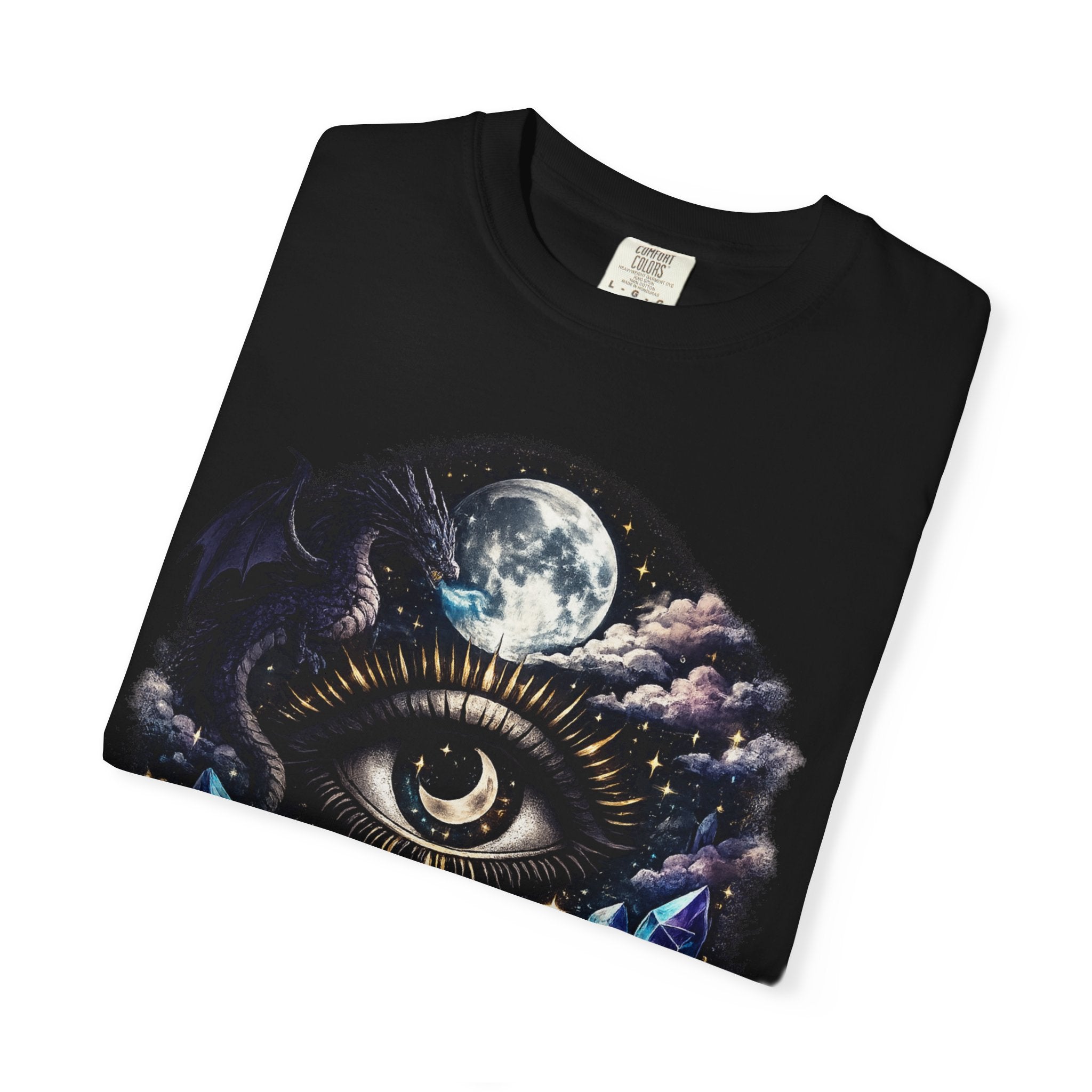 Mystic Third Eye T-shirt — Celestial Moon, Crystals & Dragon Eye Graphic Tee - Dark Aesthetic Tee. Midnight Eye, LLC