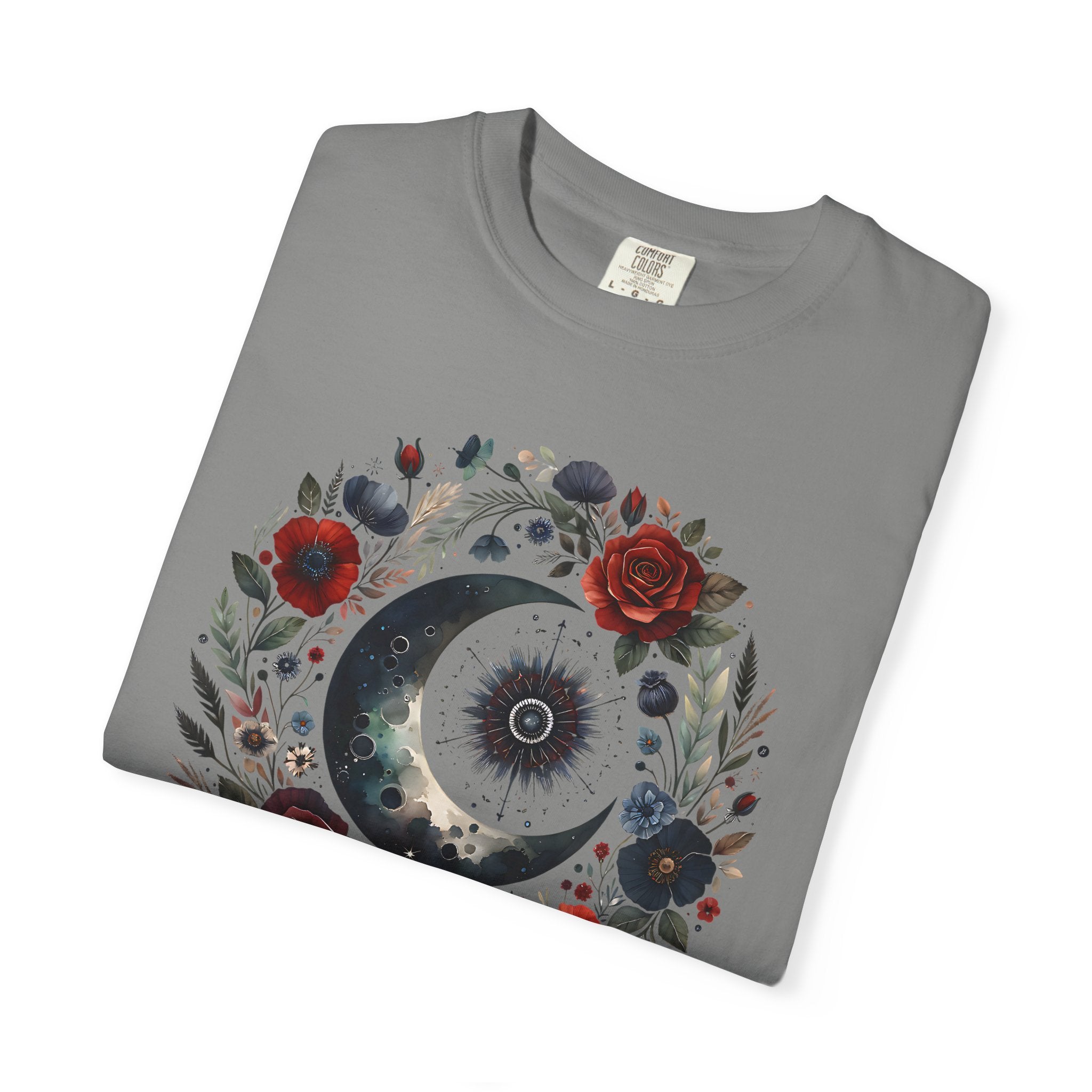 Mystical Moon T-Shirt — “Stay Mystical” Floral Crescent Tee - Dark Aesthetic T-Shirt. Midnight Eye, LLC.