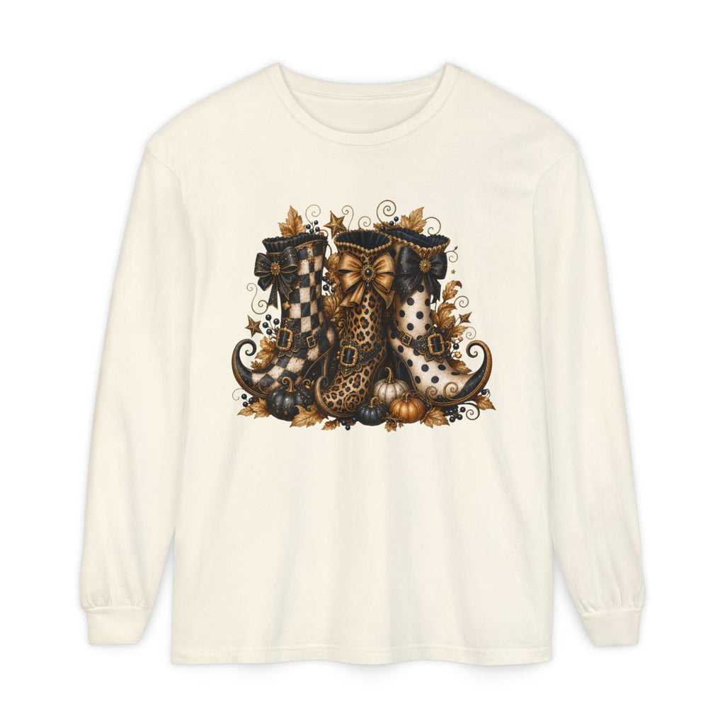 Halloween Witch Boots Long Sleeve T-Shirt — Vintage Spooky Pumpkin & Bows. Midnight Eye, LLC