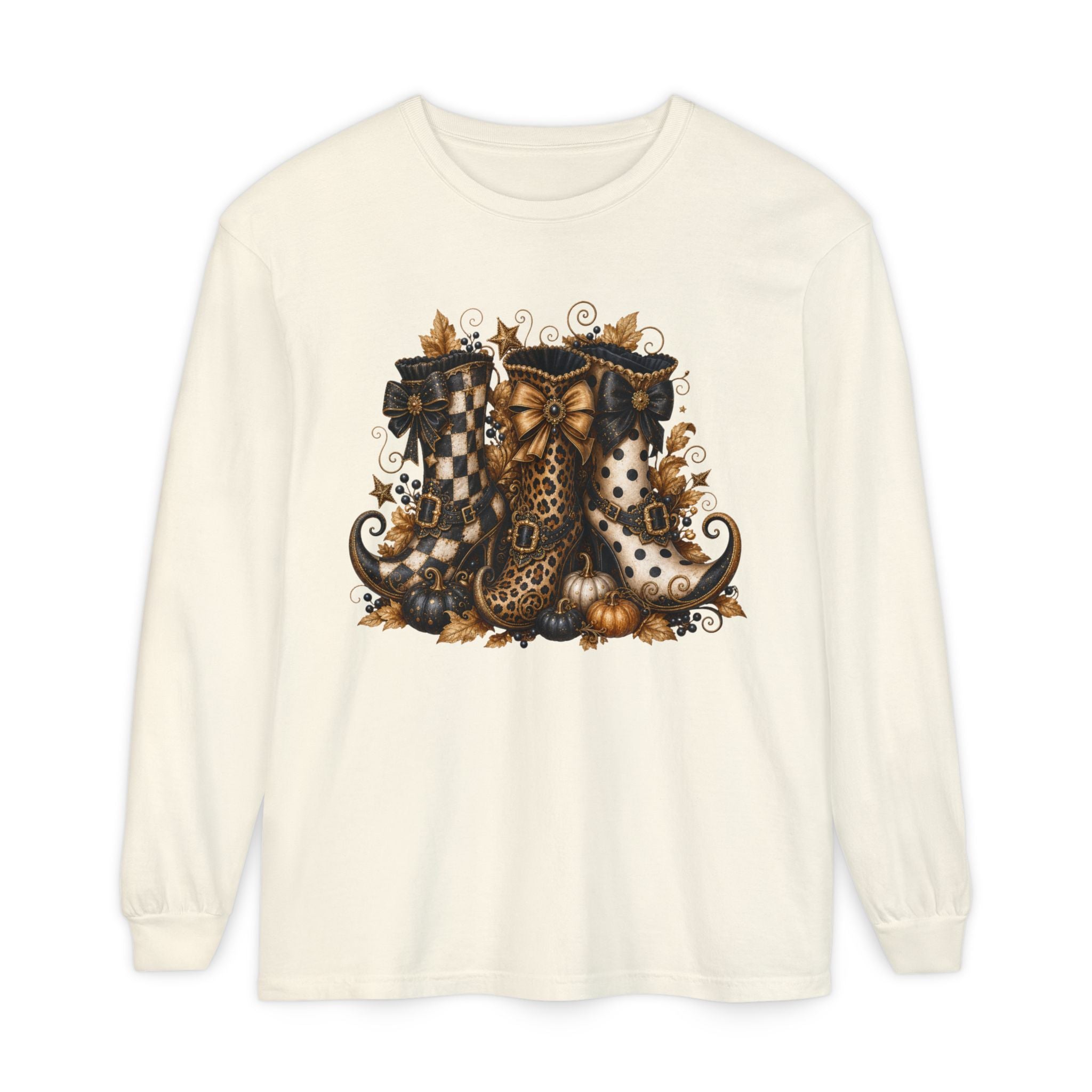 Halloween Witch Boots Long Sleeve T-Shirt — Vintage Spooky Pumpkin & Bows. Midnight Eye, LLC