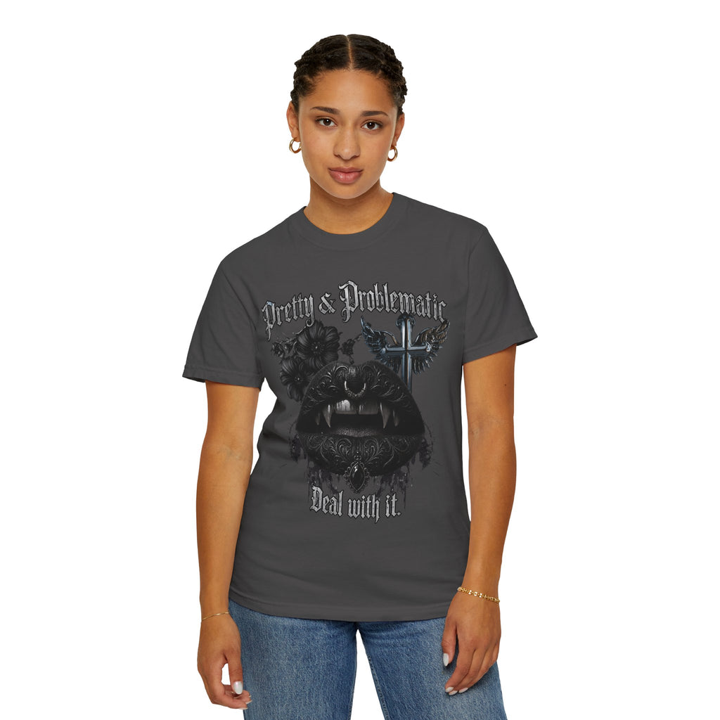 Pretty & Problematic Graphic T‑Shirt — 'Deal With It' Gothic Lips and Fangs Design. Midnight Eye, LLC