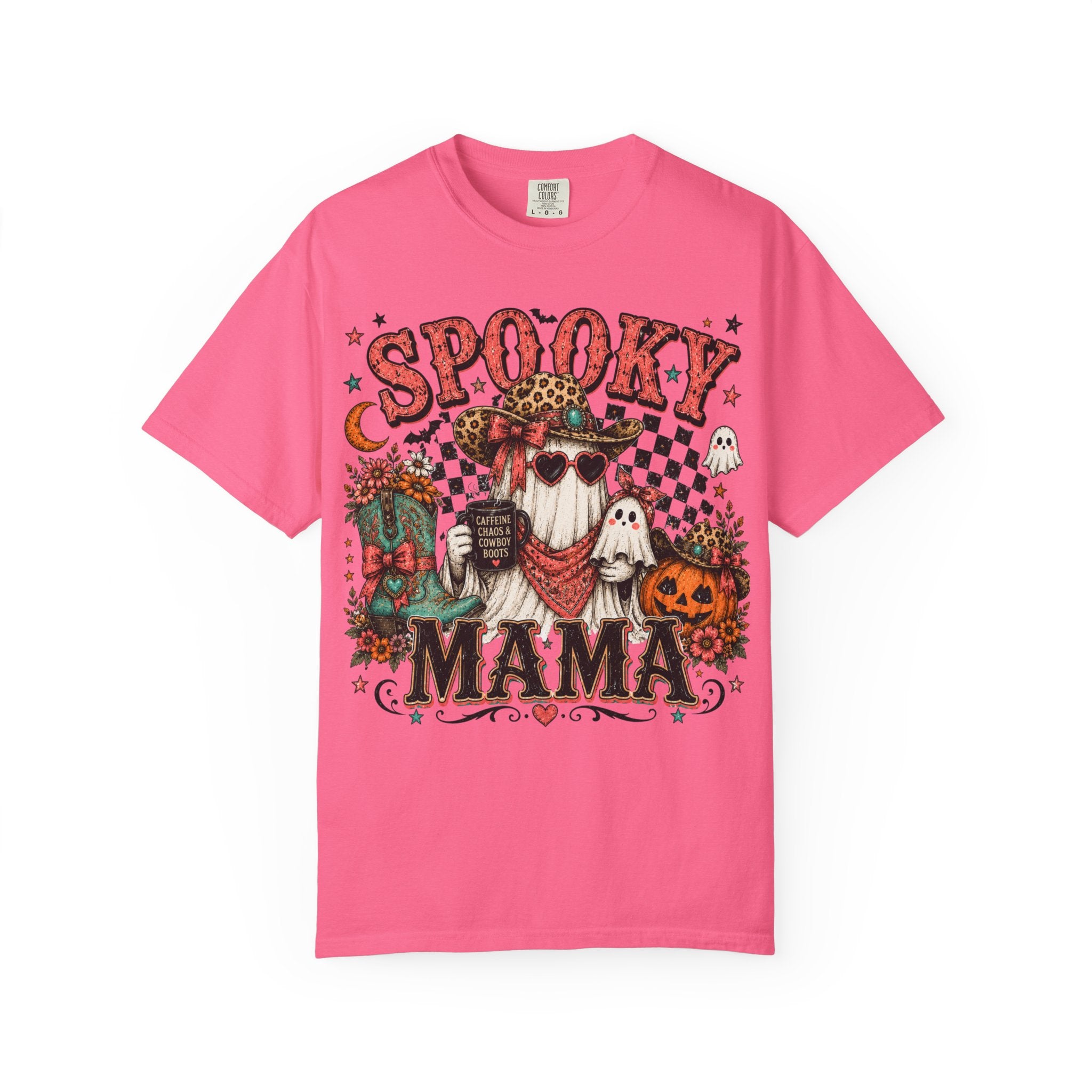 Spooky Mama T-Shirt — Vintage Halloween Ghosts & Pumpkin Graphic. Midnight Eye, LLC