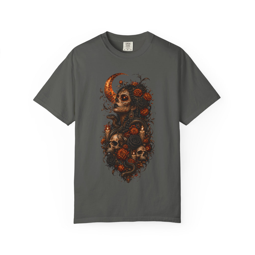 Skull & Rose Moon Tee — Gothic Floral Graphic T-Shirt - Day of the Dead Tee. Midnight Eye, LLC