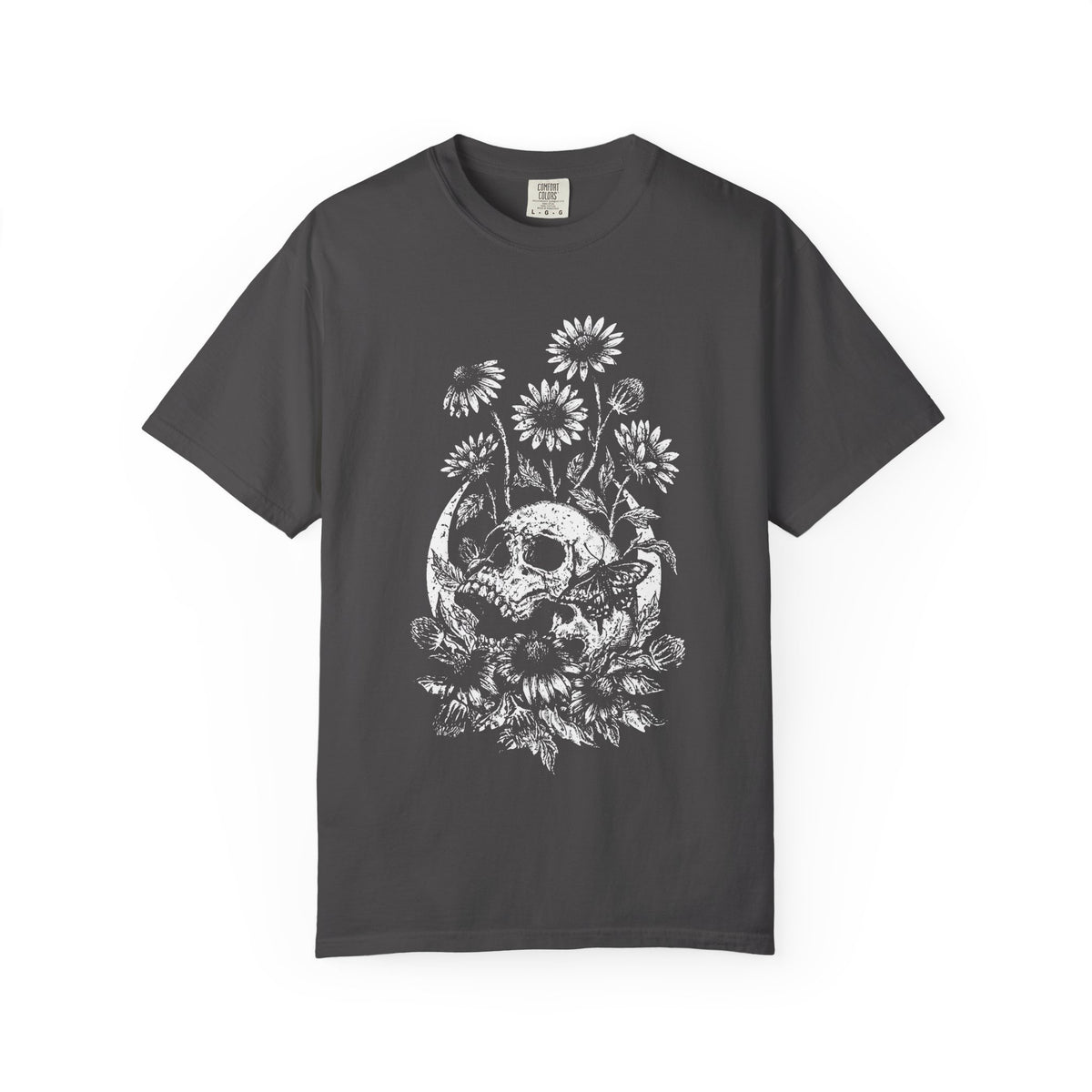 Moon Skull & Daisies Graphic T-Shirt - Half Tone Alternative Tee. Midnight Eye, LLC