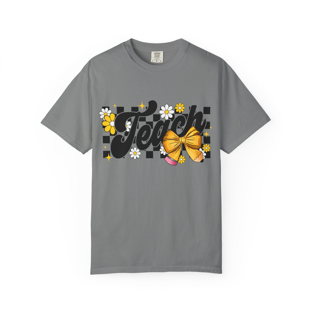 Teacher Floral Bow T-Shirt — 'Teach' Checkerboard Design
