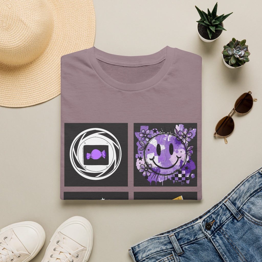 Women's Tee — Retro Purple Icons: Smiley, Peace Sign & Cassette Graphic - Midnight Eye, LLC