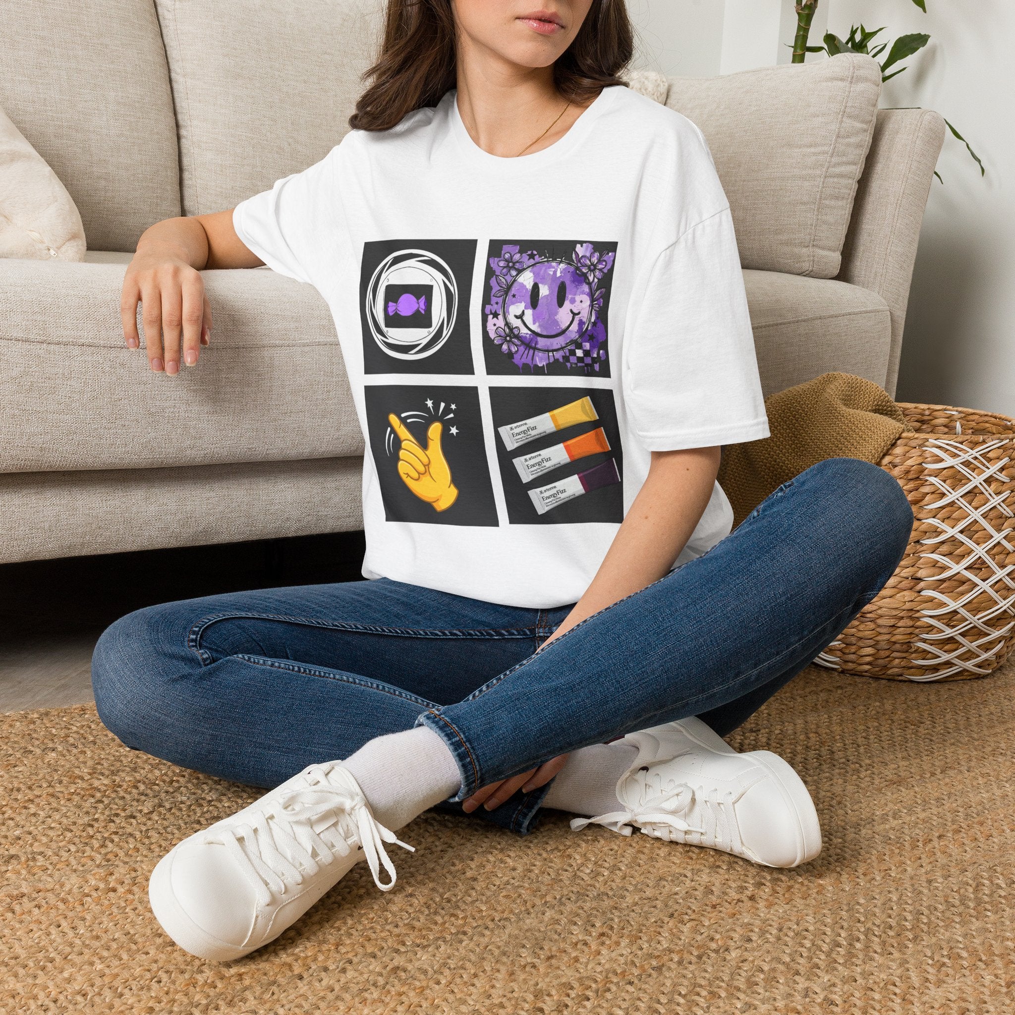 Women's Tee — Retro Purple Icons: Smiley, Peace Sign & Cassette Graphic - Midnight Eye, LLC
