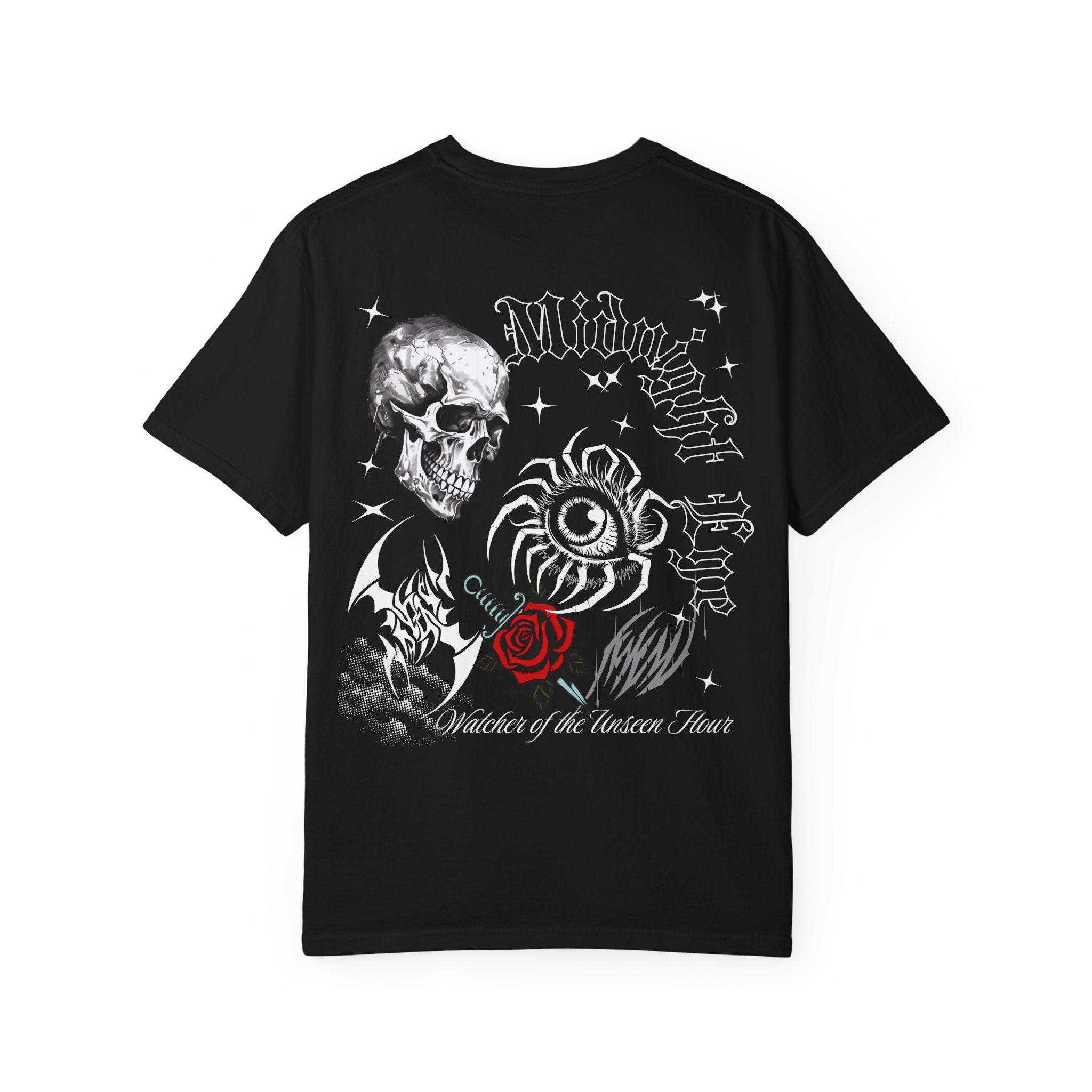 Skull & Red Rose Graphic T-Shirt — Midnight Rose Back Print - Eye T-Shirt - Mystical Tee - Dark Aesthetic Tee - Midnight Eye, LLC