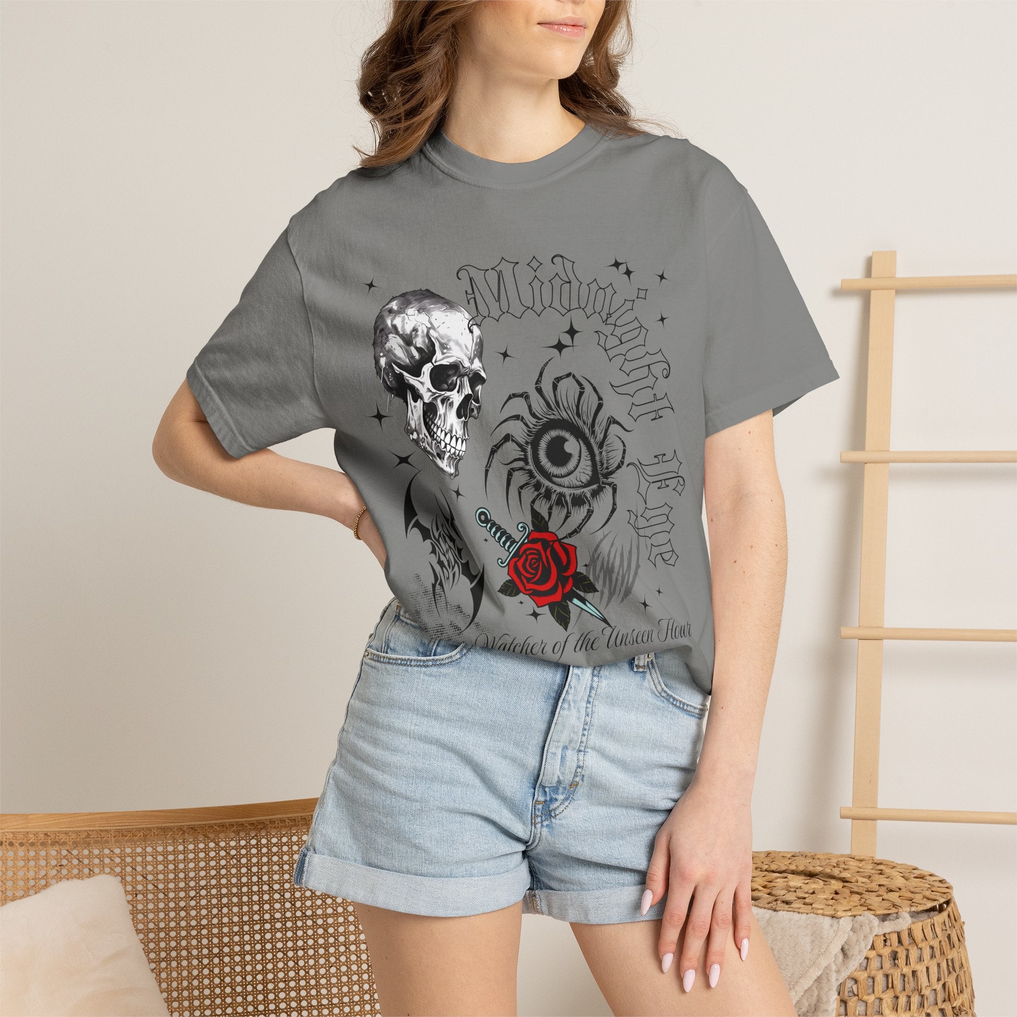 Skull, Red Rose & Eye Tattoo Art T-Shirt — Gothic Streetwear Tee. Midnight Eye, LLC