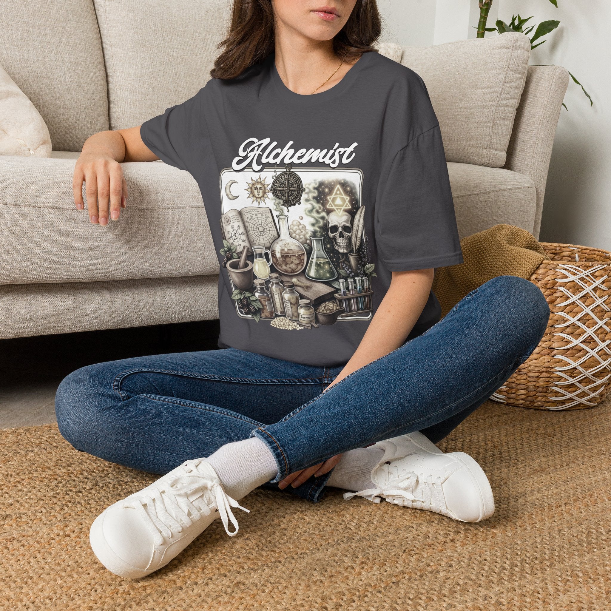 Alchemist Graphic T-Shirt — Vintage Apothecary Potion & Skull Design - Mystical Tee. Midnight Eye, LLC