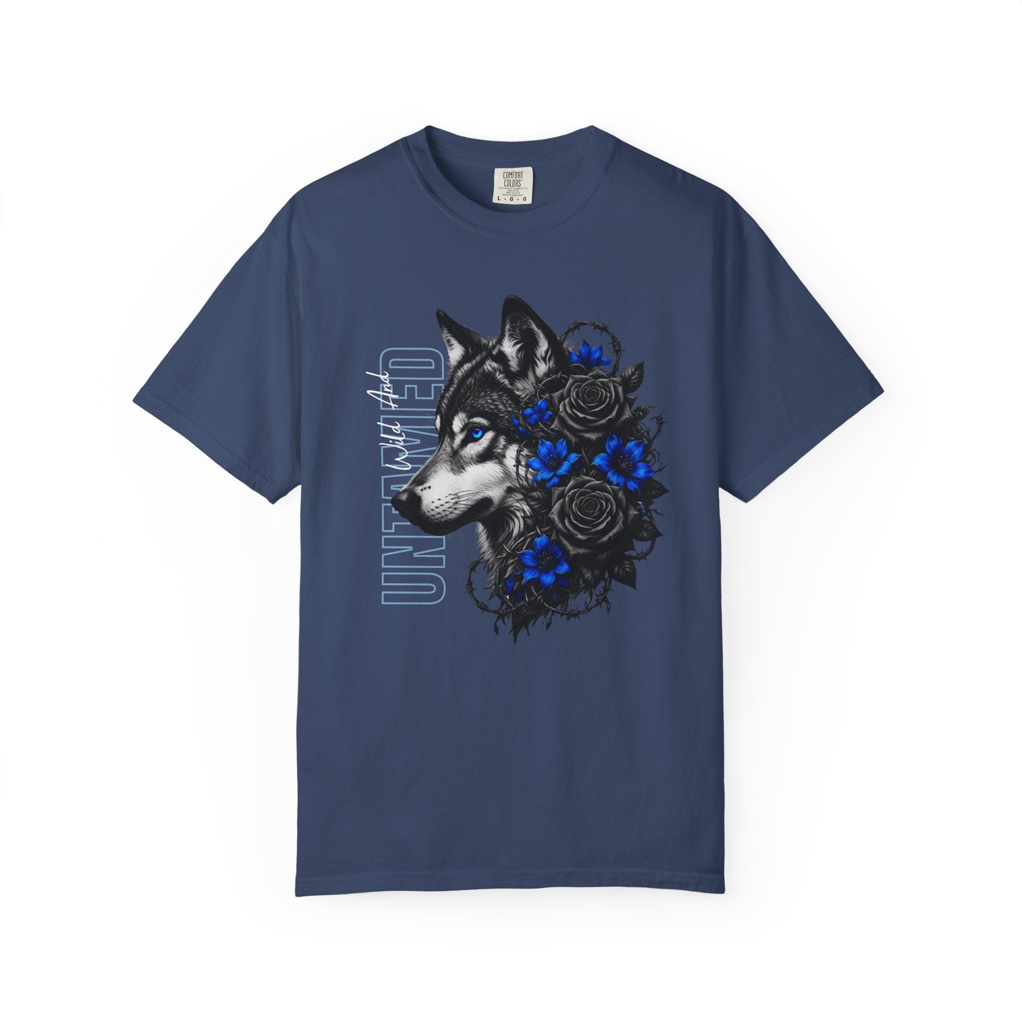 Wolf Floral T-Shirt — "Untamed" Graphic Tee with Blue & Black Roses. Midnight Eye, LLC.