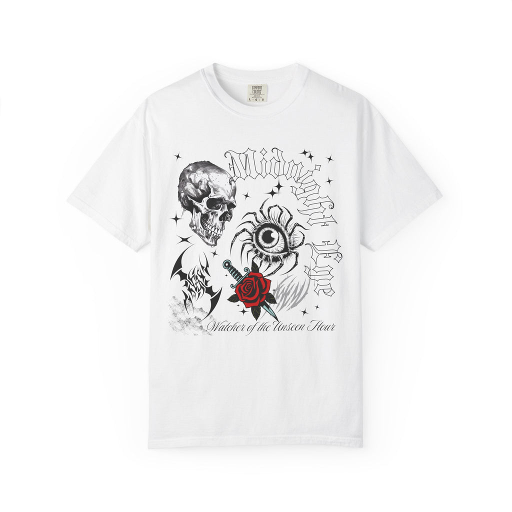Skull, Red Rose & Eye Tattoo Art T-Shirt — Gothic Streetwear Tee. Midnight Eye, LLC