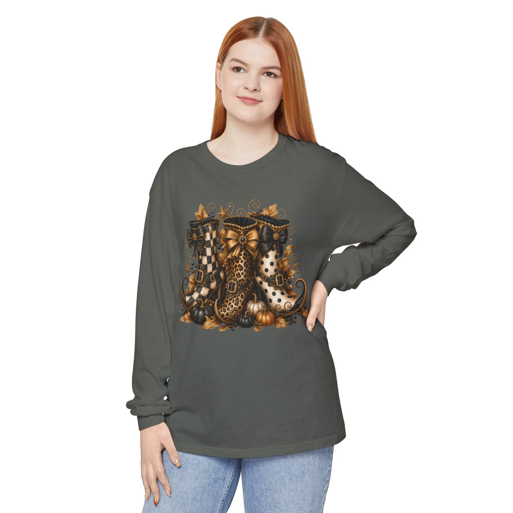 Halloween Witch Boots Long Sleeve T-Shirt — Vintage Spooky Pumpkin & Bows. Midnight Eye, LLC