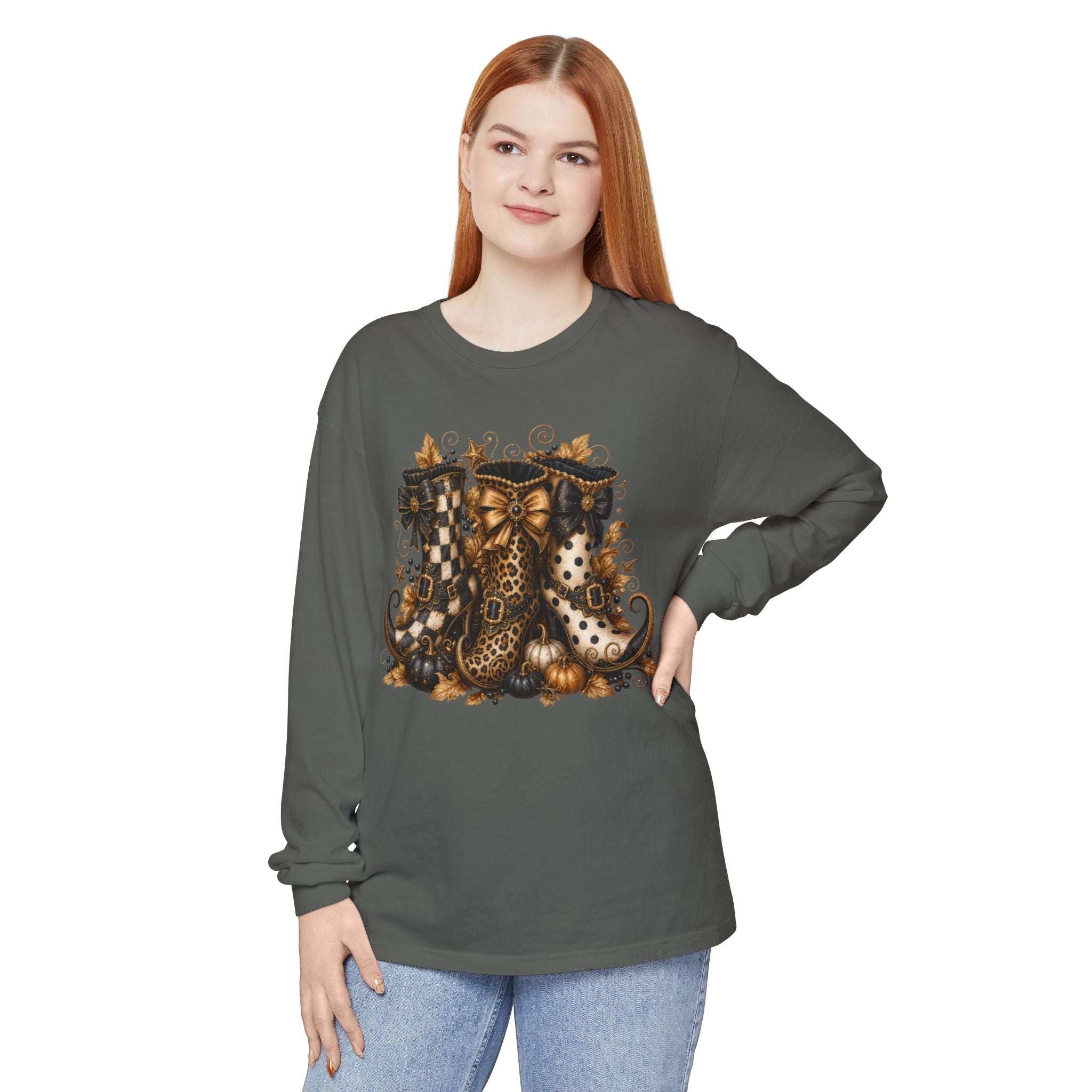 Halloween Witch Boots Long Sleeve T-Shirt — Vintage Spooky Pumpkin & Bows. Midnight Eye, LLC