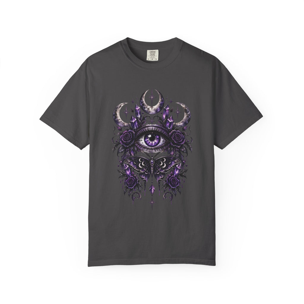 Mystic Eye and Moon T-Shirt — Purple Occult Floral Graphic Tee. Midnight Eye, LLC