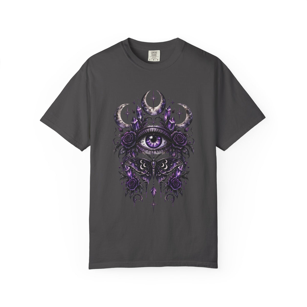 Mystic Eye and Moon T-Shirt — Purple Occult Floral Graphic Tee. Midnight Eye, LLC