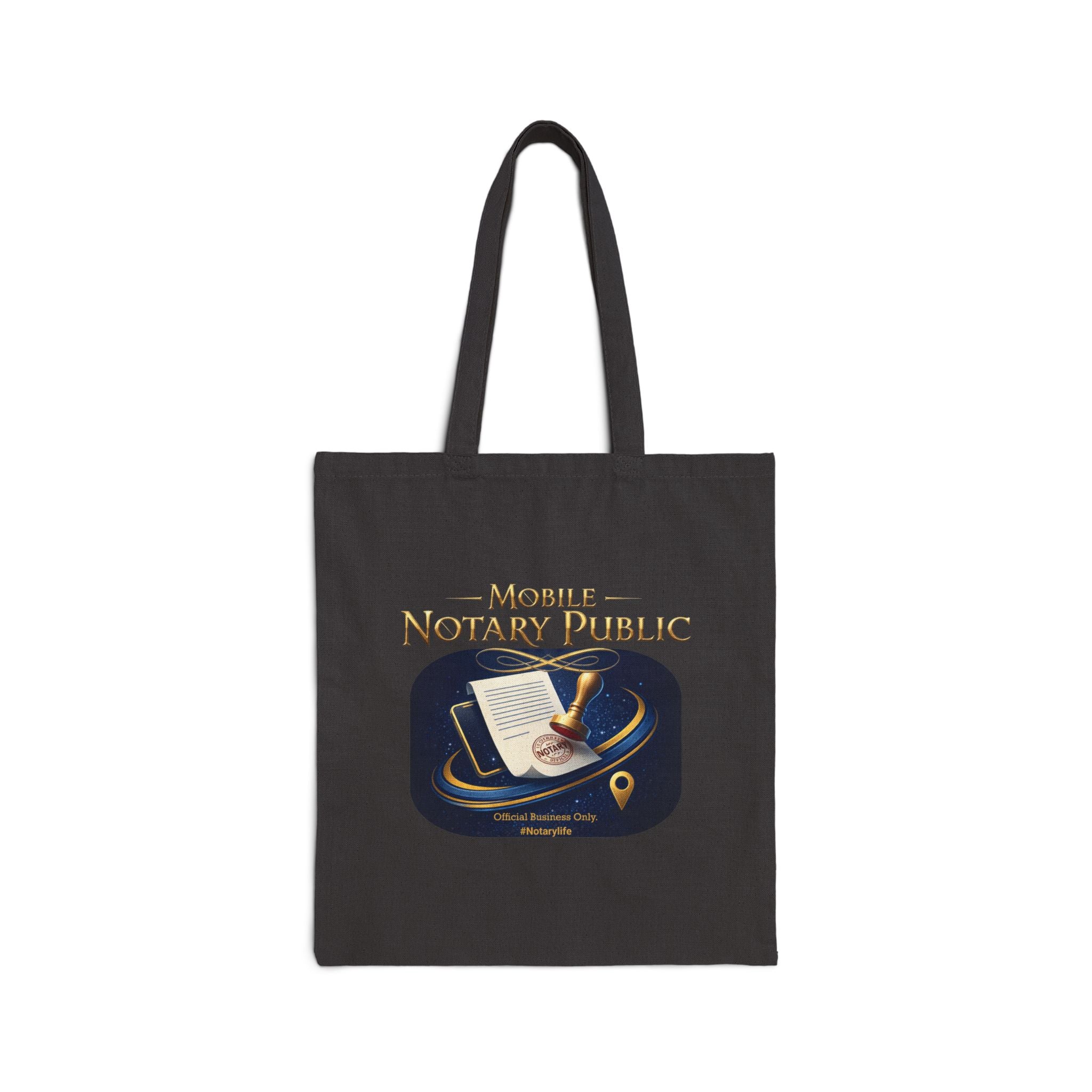 Black tote bag with 'Mobile Notary Public' design on a white background