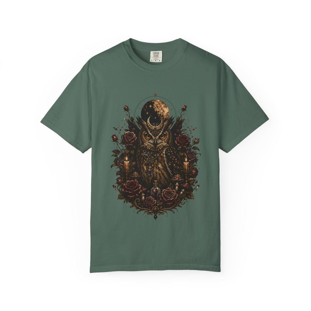 Owl Moon Graphic T-Shirt — Gothic Owl with Roses