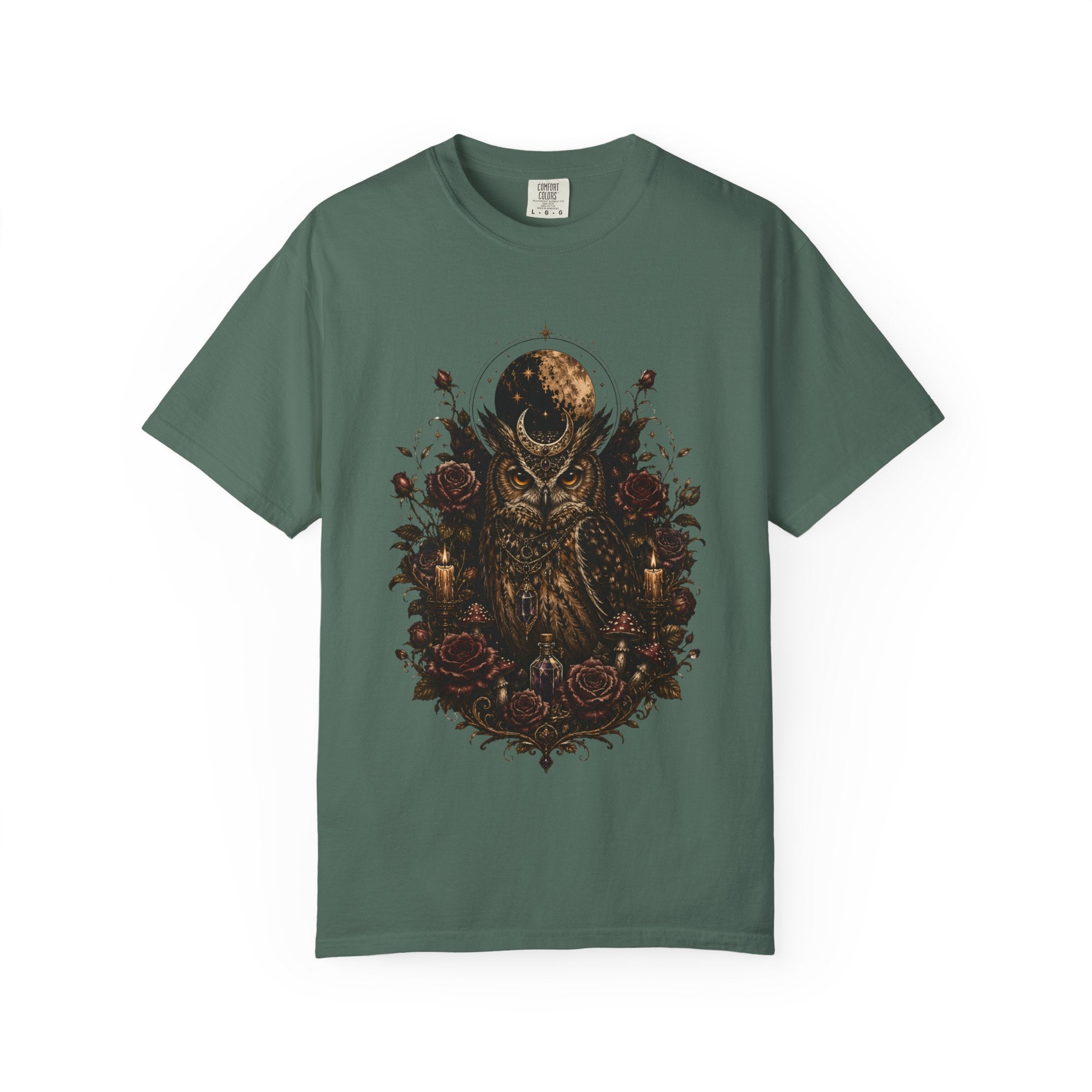 Owl Moon Graphic T-Shirt — Gothic Owl with Roses