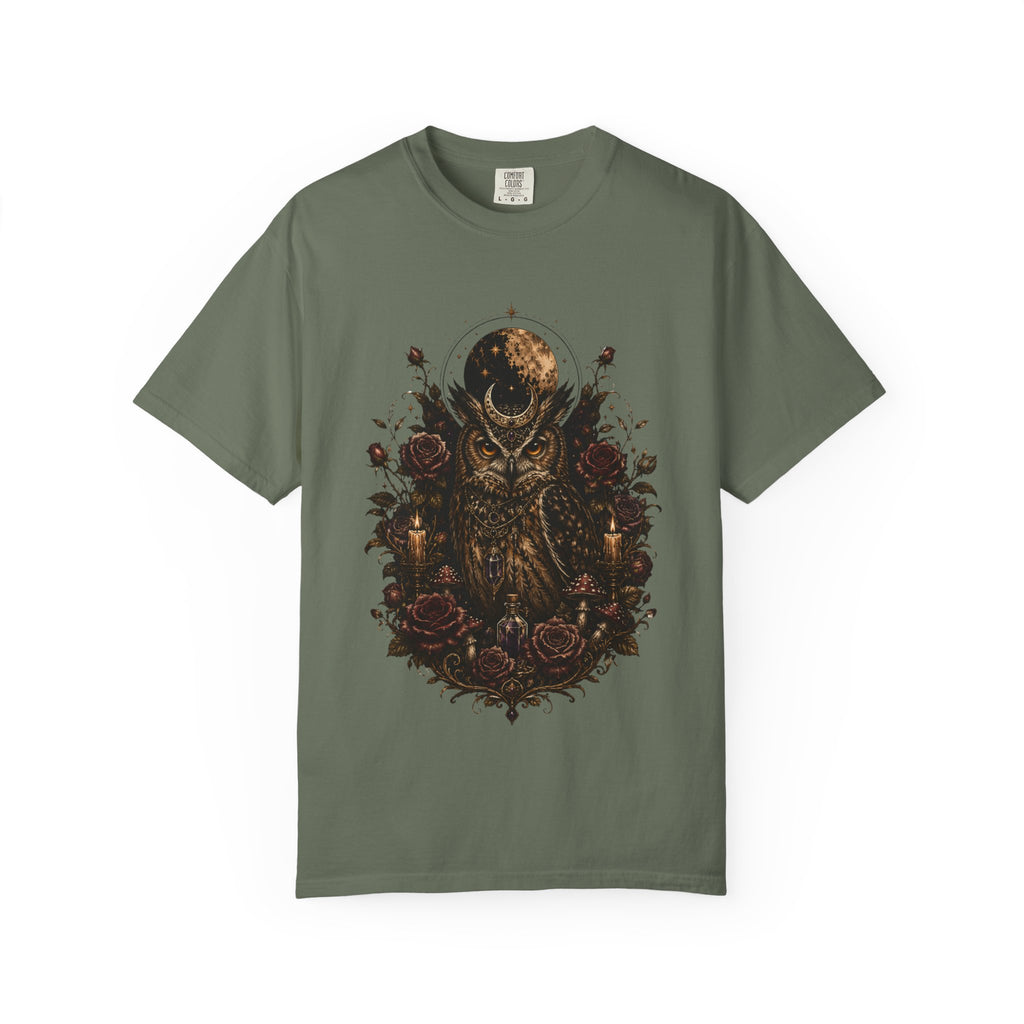 Owl Moon Graphic T-Shirt — Gothic Owl with Roses