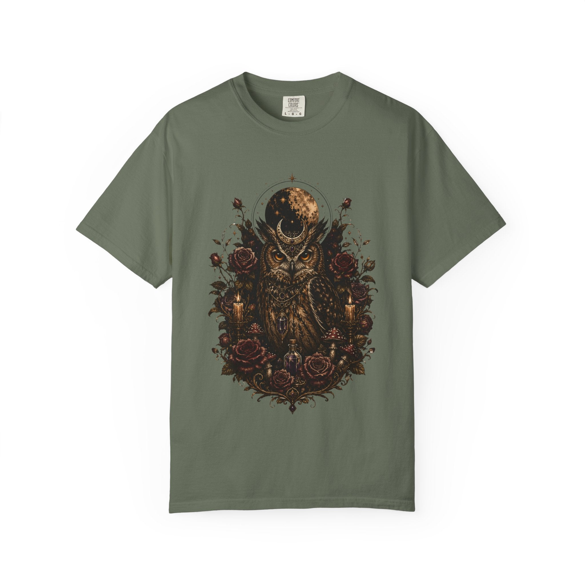 Owl Moon Graphic T-Shirt — Gothic Owl with Roses