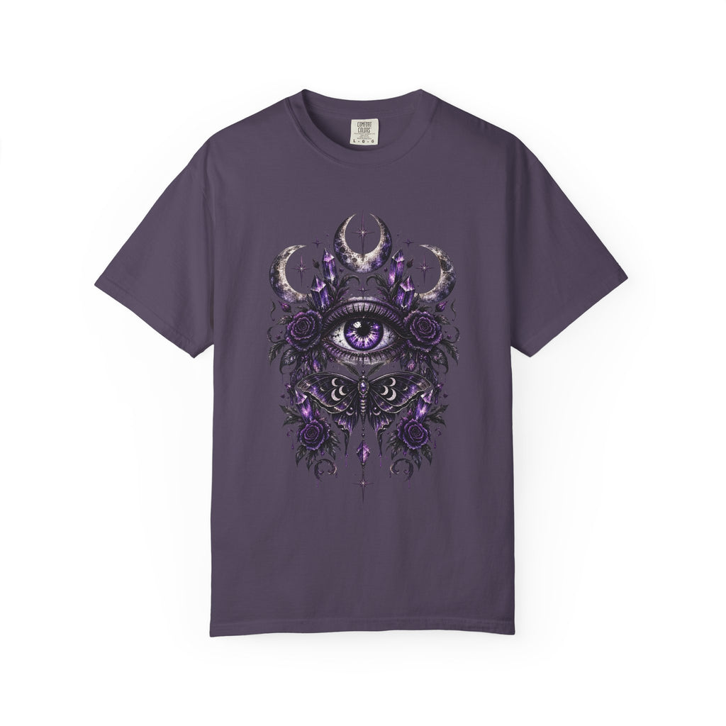 Mystic Eye and Moon T-Shirt — Purple Occult Floral Graphic Tee. Midnight Eye, LLC