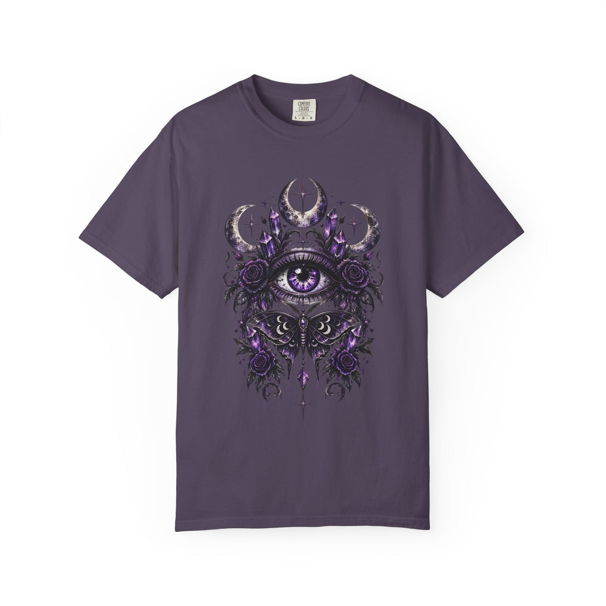 Mystic Eye and Moon T-Shirt — Purple Occult Floral Graphic Tee. Midnight Eye, LLC